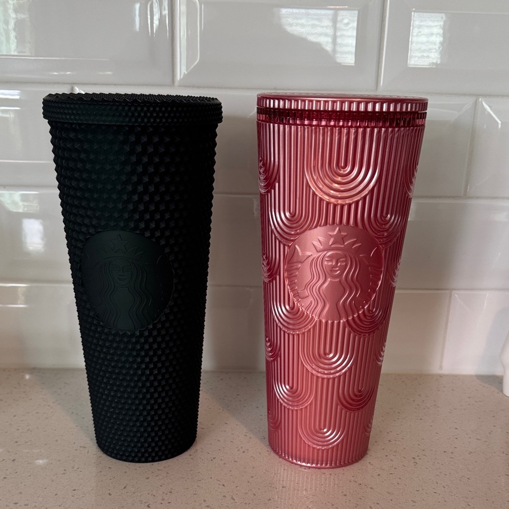 Starbucks Textured Forest Green and Pink cold cups